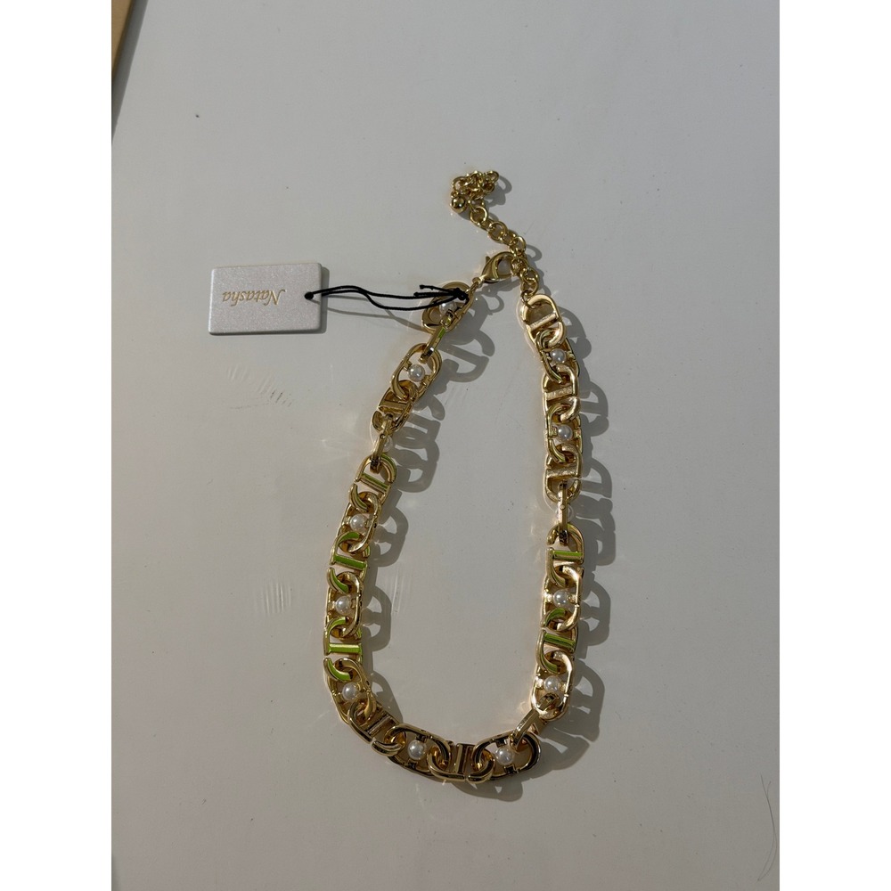 Natasha Gold Chunky D-Link Faux Pearl Statement Necklace Neon Green Accent NWT